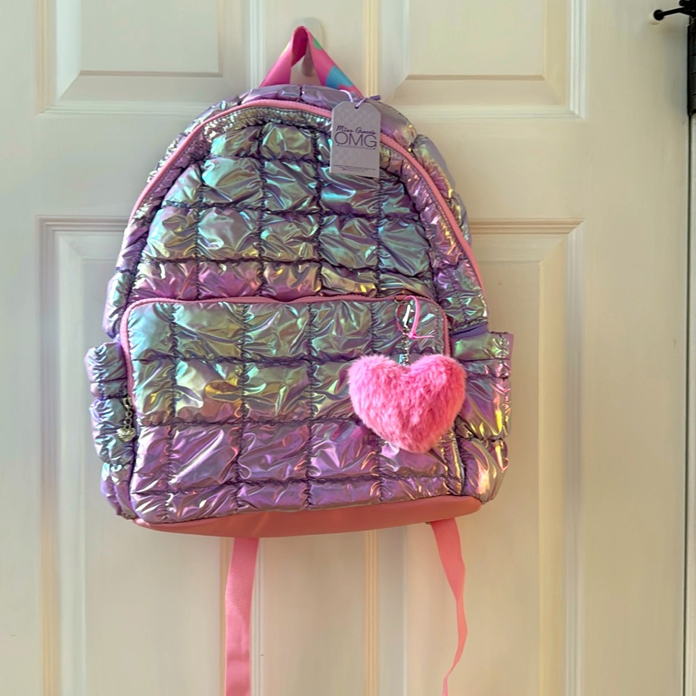 Purple/pink/metallic color quilted backpack w/2 side drink &front zip pocket NWT